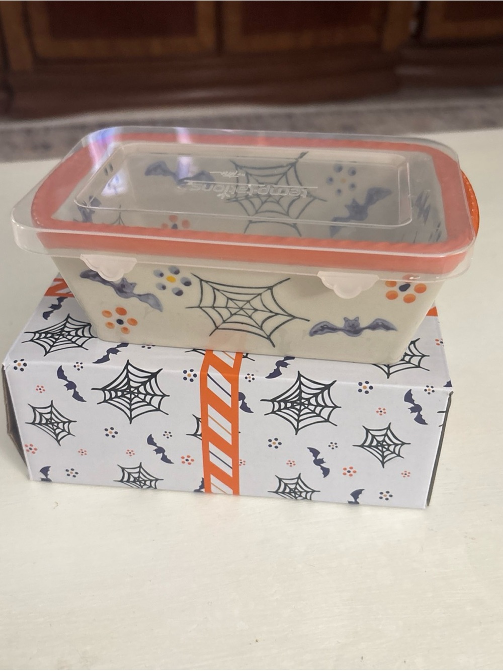 Temp-Tations Halloween 12 oz White Ceramic Loaf Dish with Blue Logo